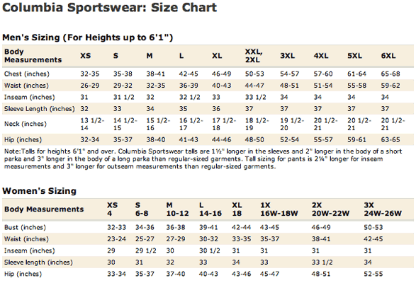 Columbia Outerwear Size Chart